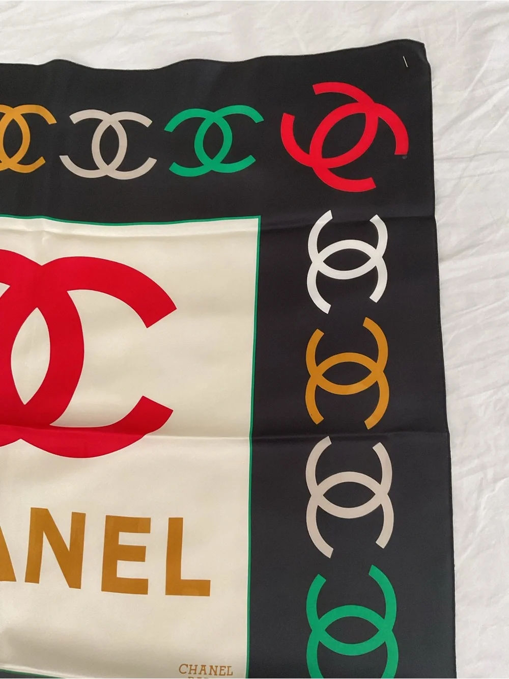 CHANEL Black Cream Multicolor Logo CC Silk Scarf